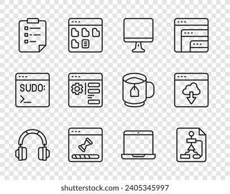 Set line Headphones, Flowchart, Computer monitor screen, Loading data window, Clipboard with checklist, Browser setting, Laptop and Cloud technology transfer icon. Vector