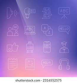 Set line Headphones, Graduate and graduation cap, Hello in different languages, Speech bubble chat, Chalkboard, Two sitting men talking, Ear listen sound signal and Vocabulary icon. Vector