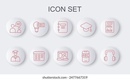 Set line Headphones, Graduate and graduation cap, Notebook, Foreign language online study, Two sitting men talking, Creative lamp light idea, School timetable and  icon. Vector