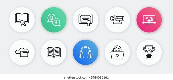 Set line Headphones, Graduation cap laptop, Cloud or online library, Student working, Web camera, Certificate template, Award cup and Open book icon. Vector