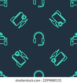 Set line Headphones with microphone, FTP sync refresh and Police car and flasher on seamless pattern. Vector