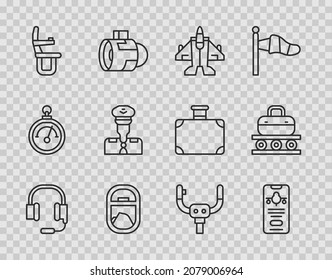 Set line Headphones with microphone, Mobile ticket, Jet fighter, Airplane window, seat, Pilot, Aircraft steering helm and Conveyor belt suitcase icon. Vector