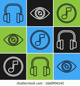 Set line Headphones, Music note, tone and Eye icon. Vector