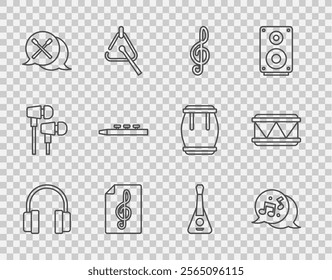 Set line Headphones, Music note, tone, Treble clef, Drum sticks, and drum, Guitar and  icon. Vector