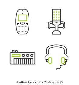 Set line Headphones, Music synthesizer, Microphone and Old mobile icon. Vector