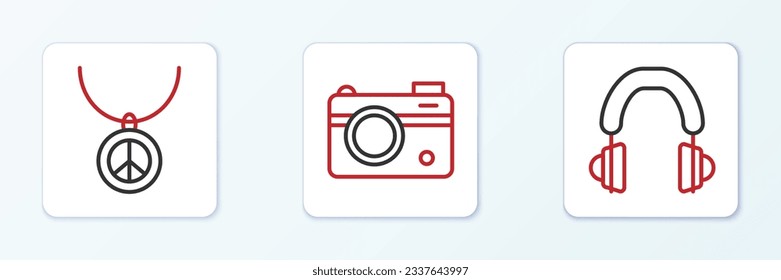 Set line Headphones, Necklace with peace symbol and Photo camera icon. Vector