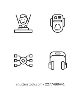 Set line Headphones, Neural network, Hologram and Artificial intelligence robot icon. Vector