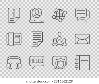 Set line Headphones, Notebook, Global technology, Hello in different languages, Information, File document, Speech bubble chat and Mail and e-mail icon. Vector