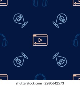 Set line Headphones, Online education and play video on seamless pattern. Vector