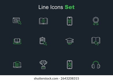 Set line Headphones, Online education with diploma, Award cup, quiz, test, survey, book, Graduation cap globe,  and class icon. Vector