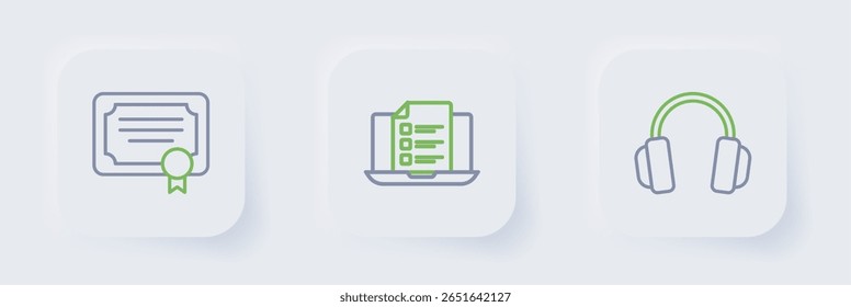 Set line Headphones, Online quiz, test, survey and Certificate template icon. Vector