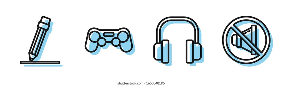 Set line Headphones, Pencil with eraser, Gamepad and Speaker mute icon. Vector
