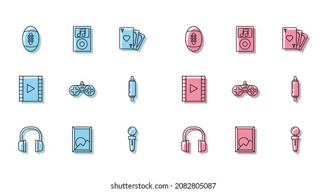 Set line Headphones, Picture landscape, American Football ball, Joystick for arcade machine, Gamepad, Rolling pin, Play Video and Music player icon. Vector
