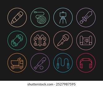 Set line Headphones, Pirate treasure map, Wood easel, Butterfly, Skateboard, Pencil with eraser, Microphone and Yoyo toy icon. Vector