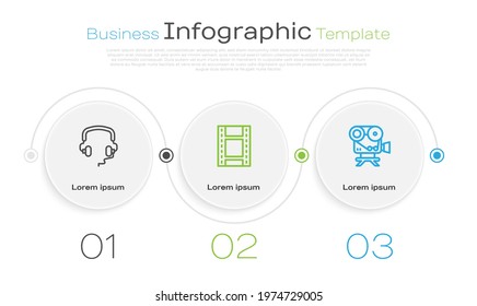 Set line Headphones, Play Video and Retro cinema camera. Business infographic template. Vector