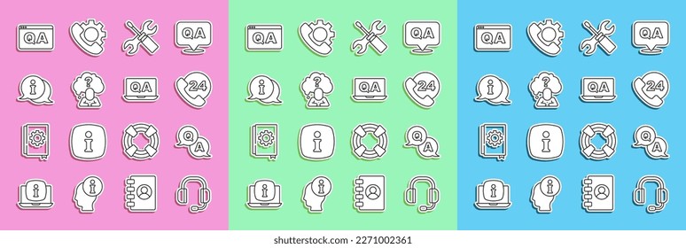 Fijar auriculares de línea, Preguntas y Respuestas, Soporte telefónico las 24 horas, Giro con llave, con signo de interrogación, Información e icono. Vector