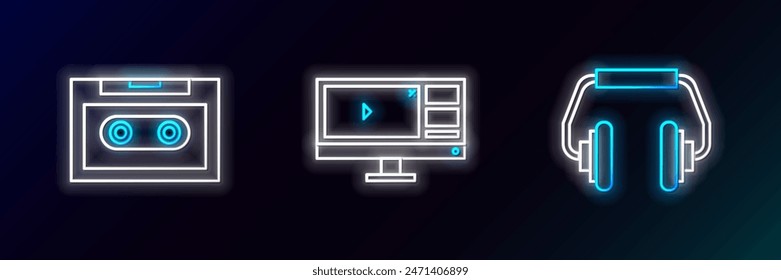 Set line Headphones, Retro audio cassette tape and Video recorder or editor software monitor icon. Glowing neon. Vector