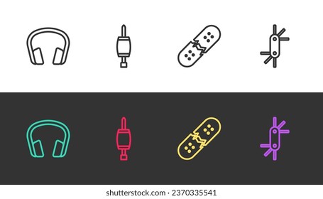 Set line Headphones, Screwdriver, Broken skateboard deck and Tool allen keys on black and white. Vector