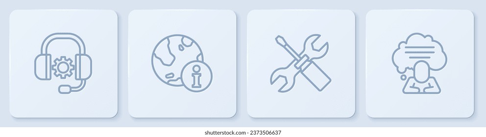 Set line Headphones, Screwdriver and wrench spanner, Information and Speech bubble chat. White square button. Vector