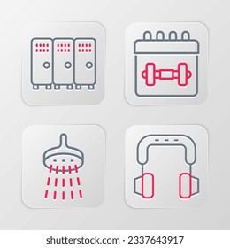 Set line Headphones, Shower, Calendar fitness and Locker or changing room icon. Vector