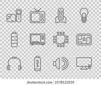 Set line Headphones, Smart Tv, Telephone, Battery charge level indicator, Cinema camera, Microwave oven, Speaker volume and Gps device with map icon. Vector