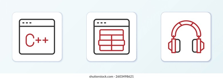 Set line Headphones, Software and MySQL code icon. Vector