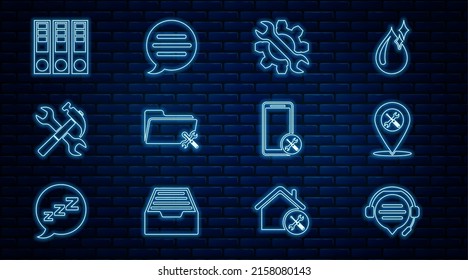 Set line Headphones with speech bubble chat, Location service, Wrench and gear, Folder, Crossed hammer wrench, Office folders, Mobile and Speech icon. Vector