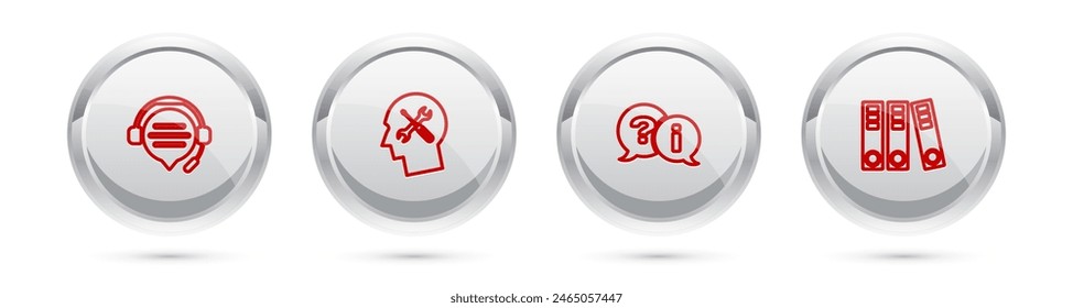 Kopfhörer mit Sprechblasen-Chat, Human Head Service, Frage- und Ausrufeordner und Office-Ordner. Silver Circle Button. Vektorgrafik