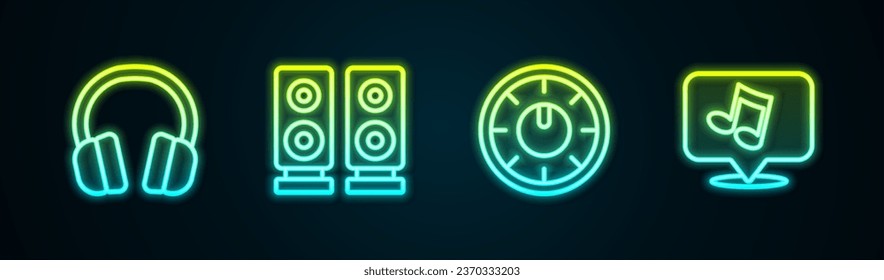 Set-line Kopfhörer, Stereo-Lautsprecher, Sound-Mixer-Controller und Musik-Note, Ton. Leuchtendes Neonsymbol. Vektorgrafik