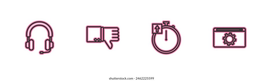 Set line Headphones, Stopwatch, Dislike and Setting icon. Vector