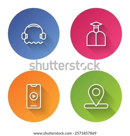 Set line Headphones, Student, Online play video and Location. Color circle button. Vector