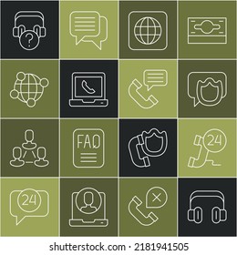 Set line Headphones, Telephone 24 hours support, Speech bubble chat, Worldwide, Global technology, with question and conversation icon. Vector