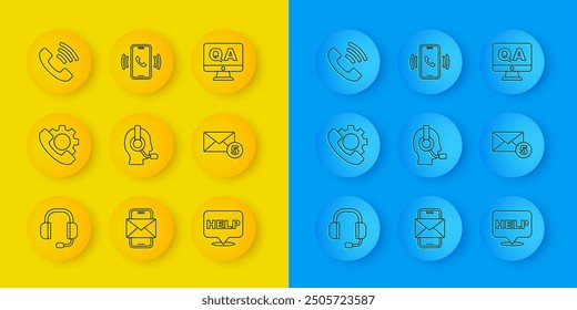 Set line Headphones, Telephone 24 hours support, Man with headset, Speech bubble text Help, New, email incoming message, Question and Answer and  icon. Vector