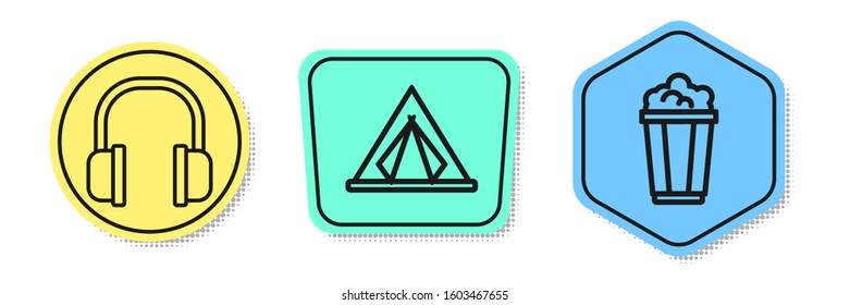 Set line Headphones, Tourist tent and Popcorn in cardboard box. Colored shapes. Vector