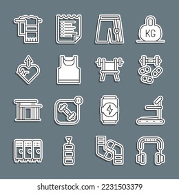 Fijar auriculares, máquina Treadmill, Deportes dopaje con timbre, pantalones cortos, camiseta sin mangas, aumento de latidos, Percha de toalla e icono de barbacoa del banco. Vector