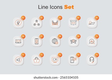 Set line Headphones, Video chat conference, Freelancer, Speaker volume, Speech bubble, Web camera and  icon. Vector