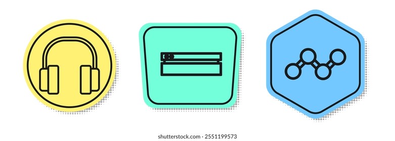 Set line Headphones, Video game console and Share. Colored shapes. Vector