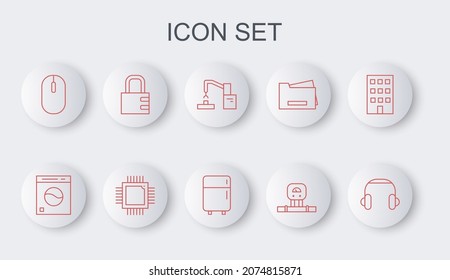 Set line Headphones, Washer, Robotic robot arm hand factory, Smart sensor, Computer mouse, Safe combination lock, Processor with microcircuits CPU and Refrigerator icon. Vector