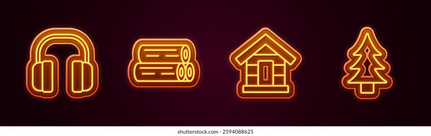 Set line Headphones, Wooden log, Dog house and Tree. Glowing neon icon. Vector