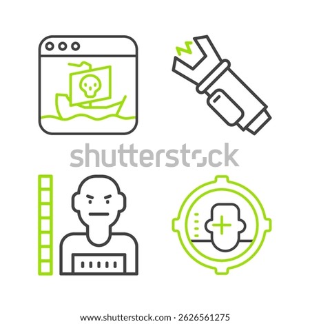 Set line Headshot, Suspect criminal, Police electric shocker and Internet piracy icon. Vector