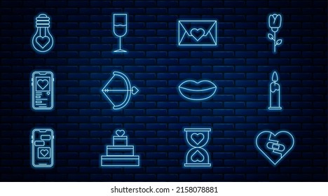 Set line Healed broken heart, Burning candle, Envelope with Valentine, Bow arrow, Mobile, Heart shape light bulb, Smiling lips and Wine glass icon. Vector