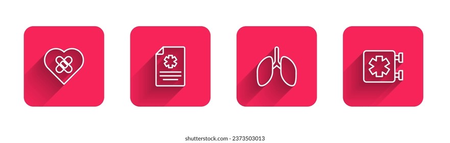 Set line Healed broken heart, Clinical record, Lungs and Medical symbol of the Emergency with long shadow. Red square button. Vector