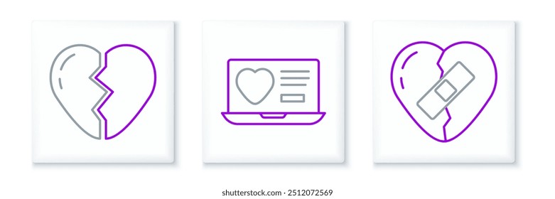 Set line Healed corazón roto, roto y App de citas icono en línea. Vector