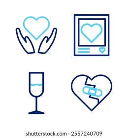 Set line Healed broken heart, Wine glass, Photo frames and hearts and Heart hand icon. Vector