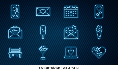 Set line Healed broken heart, Ice cream in waffle cone, Calendar with, Greeting card, Dating app online, Envelope Valentine and  icon. Vector