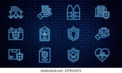 Set line Health insurance, Hand holding briefcase, Life jacket, Calendar with shield, House flood,  and  icon. Vector