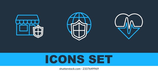 Set line Health insurance, Travel suitcase with shield and Shield world globe icon. Vector