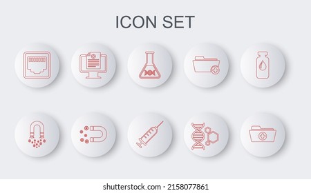 Set line Health record folder, Magnet with money, DNA research, search, Genetic engineering, Network port cable socket, Clinical monitor,  and Syringe icon. Vector