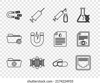 Set line Health record folder, Network port cable socket, Medical syringe and vial, Genetic engineering, Magnet with money, lightning, Medicine pill tablet and Paper page eye icon. Vector