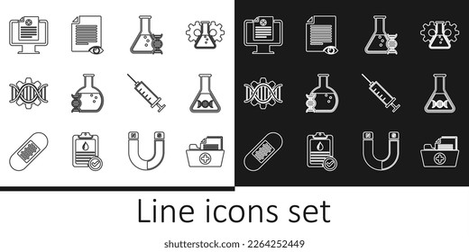 Set line Health record folder, DNA research, search, Genetic engineering, Clinical on monitor, Syringe and Paper page with eye icon. Vector